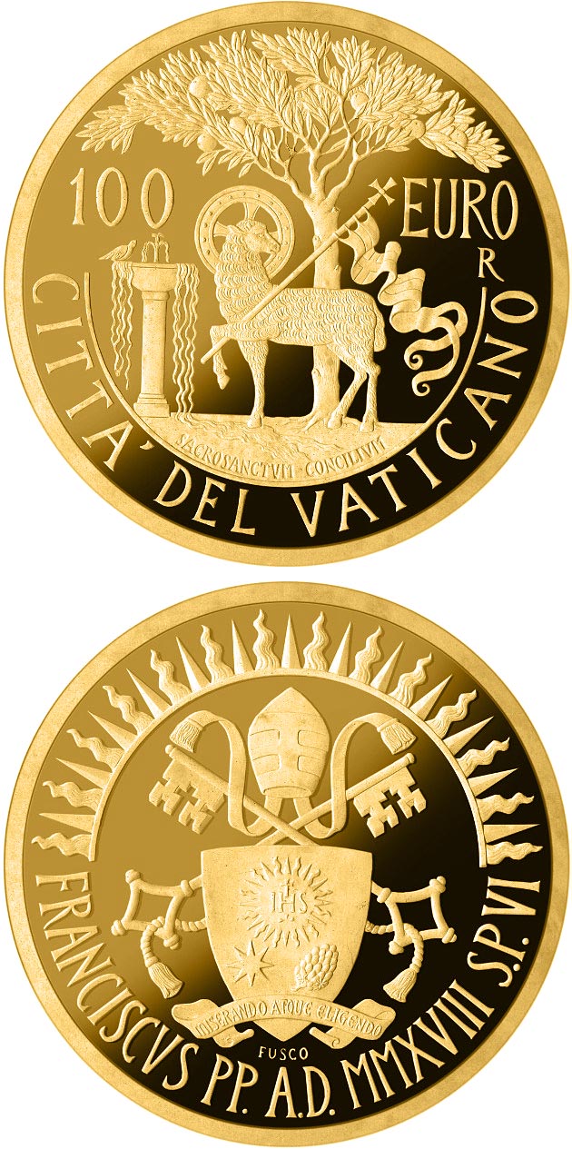 Image of 100 euro coin - Apostolic Constitutions of Vatican II: Sacrosanctum Concilium | Vatican City 2018.  The Gold coin is of Proof quality.