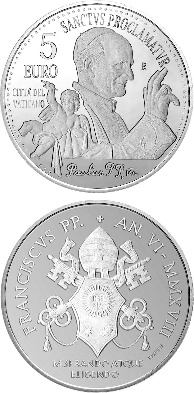 Image of 5 euro coin - 40th anniversary of the death of Pope Paul VI | Vatican City 2018.  The Silver coin is of Proof quality.