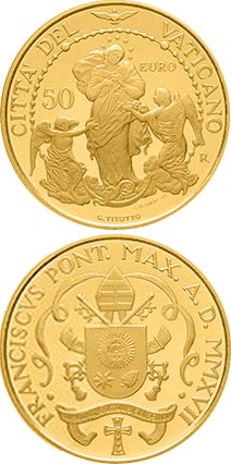 Image of 50 euro coin - Our Lady Untier of Knots | Vatican City 2017.  The Gold coin is of Proof quality.