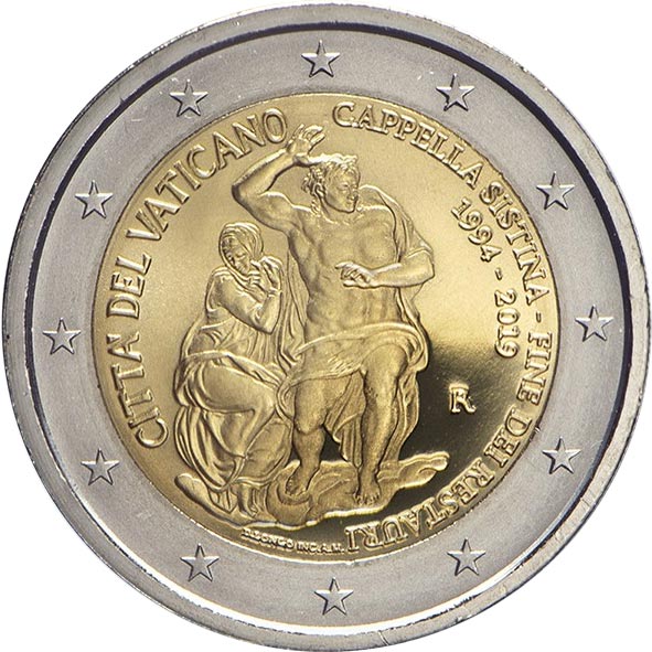 Image of 2 euro coin - 25th anniversary of the restoration of the Sistine Chapel | Vatican City 2019