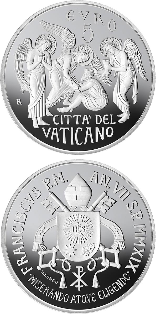 Image of 5 euro coin - 150th anniversary of the foundation of the Circolo di San Pietro | Vatican City 2019.  The Silver coin is of Proof quality.