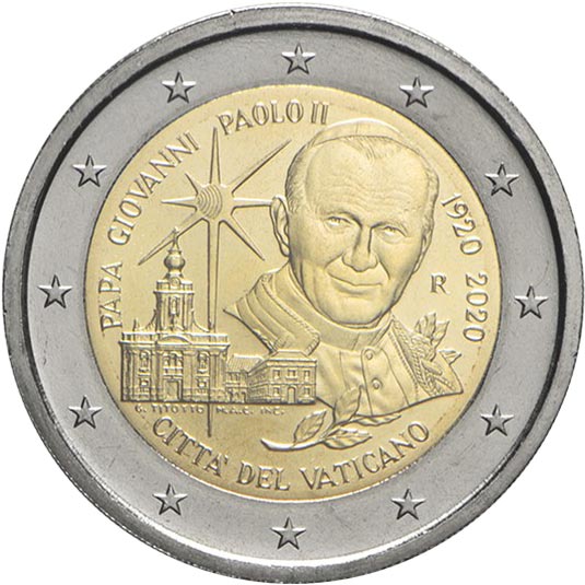 Image of 2 euro coin - 100th Anniversary of the Bitrh of John Paul II | Vatican City 2020