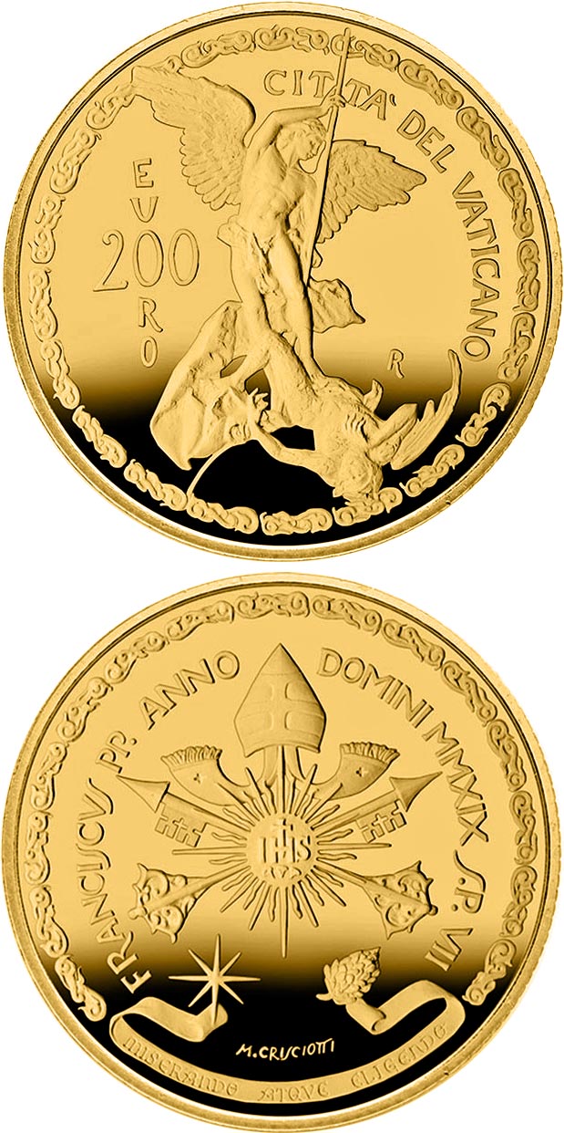 Image of 200 euro coin - The Archangels: Michael | Vatican City 2019.  The Gold coin is of Proof quality.