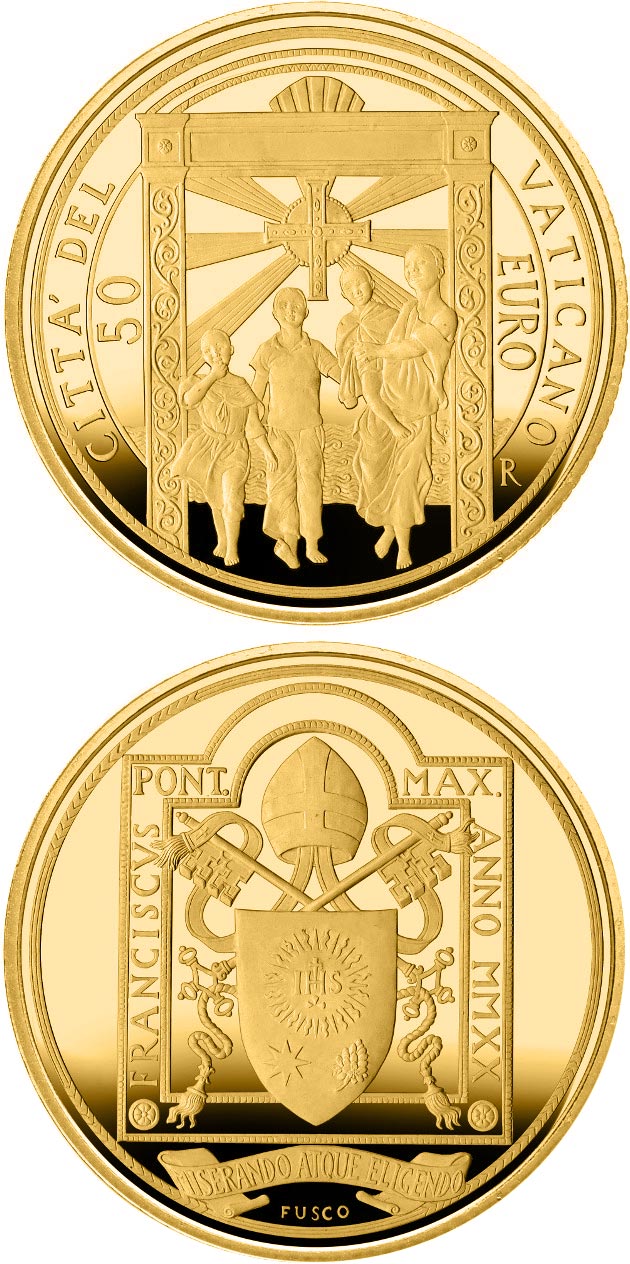 Image of 50 euro coin - Pope Francis Year MMXX | Vatican City 2020.  The Gold coin is of Proof quality.