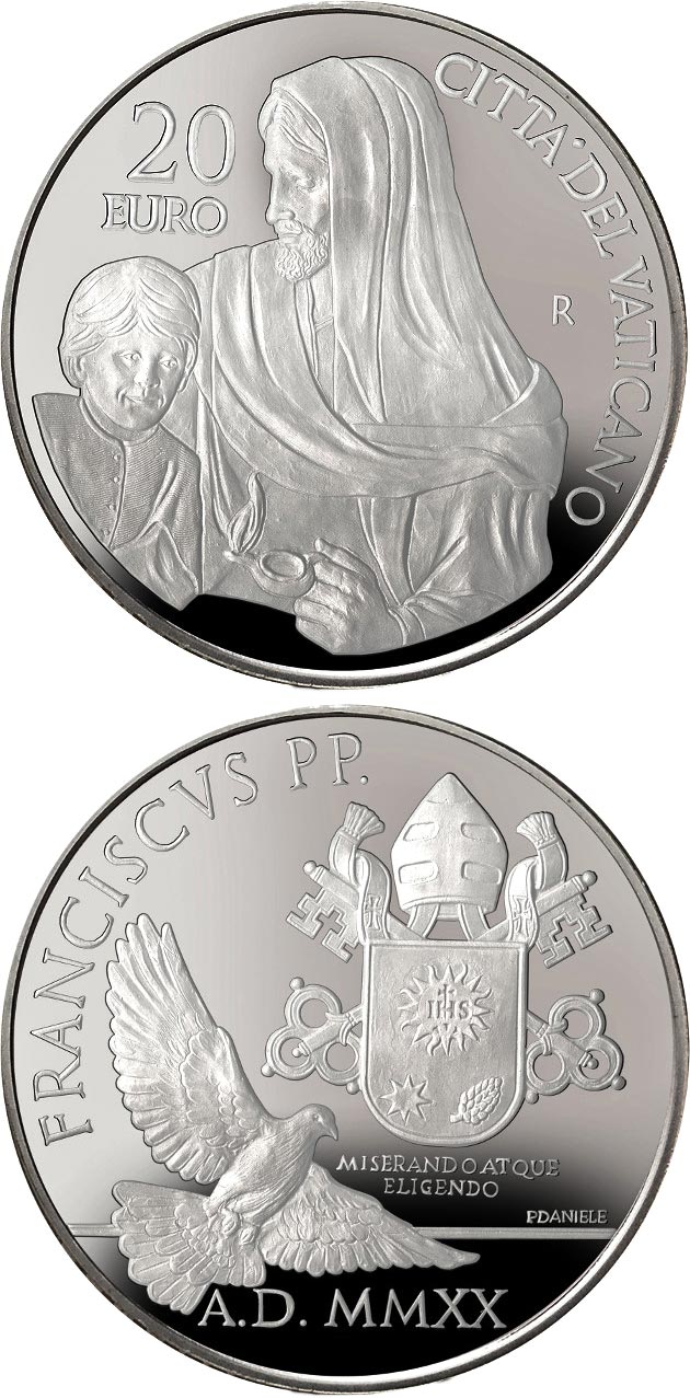 Image of 20 euro coin - Pope Francis Year MMXX | Vatican City 2020.  The Silver coin is of Proof quality.