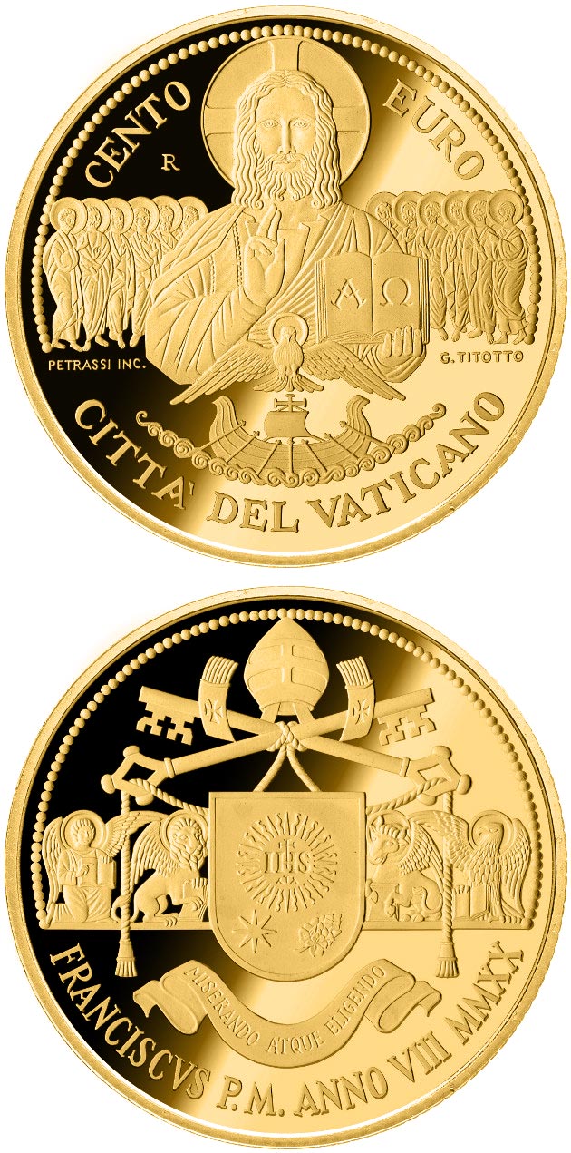 Image of 100 euro coin - The Apostolic Constitutions of the 2nd Vatican Council: Dei Verbum | Vatican City 2020.  The Gold coin is of Proof quality.