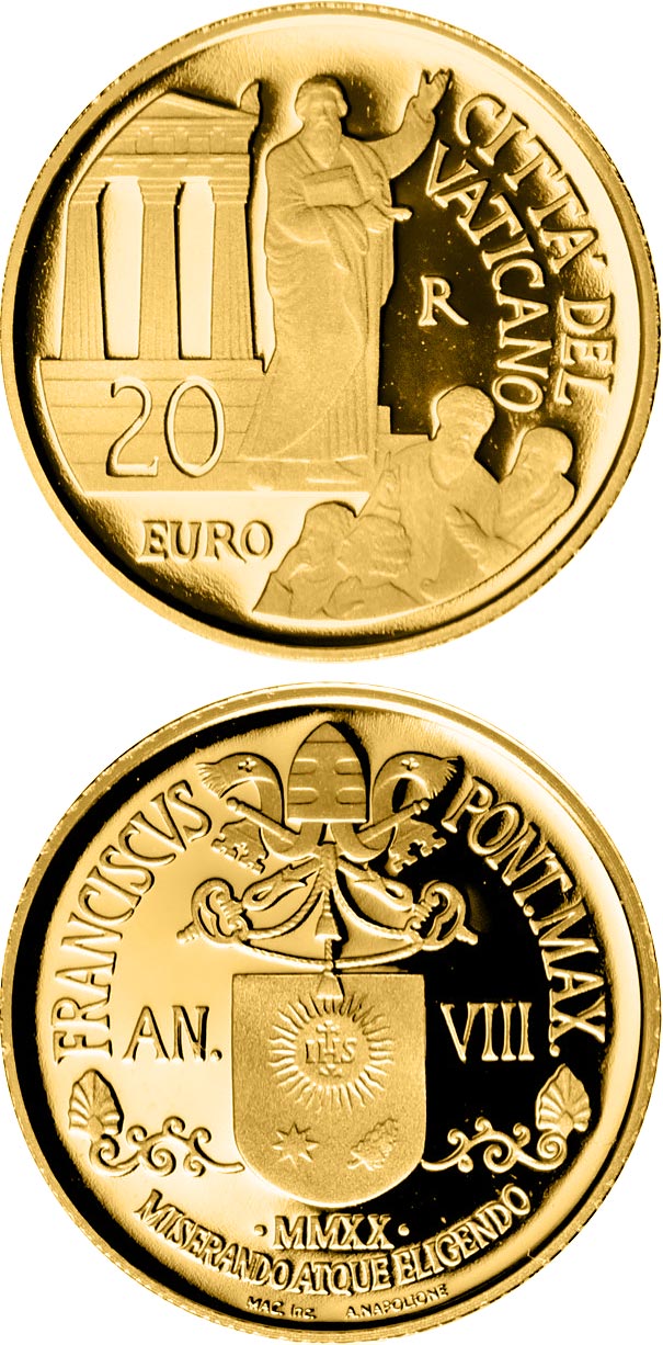 Image of 20 euro coin - Acts of Apostles: the Mission to Macedonia, Greece and Asia Minor | Vatican City 2020.  The Gold coin is of Proof quality.