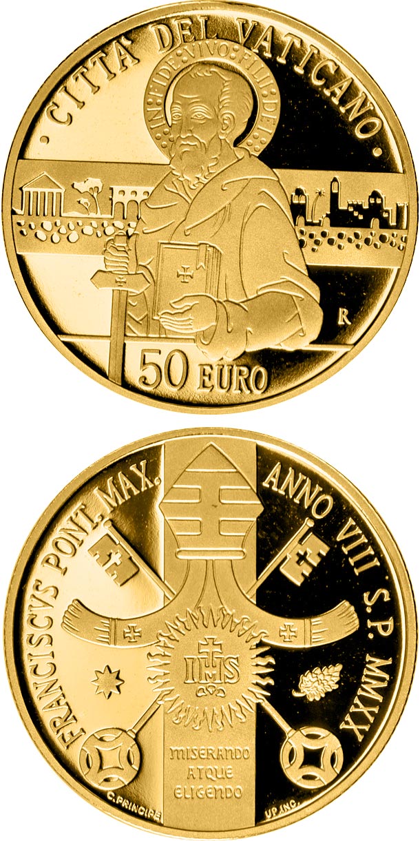 Image of 50 euro coin - Acts of Apostles: Paul Witness of Christ | Vatican City 2020.  The Gold coin is of Proof quality.