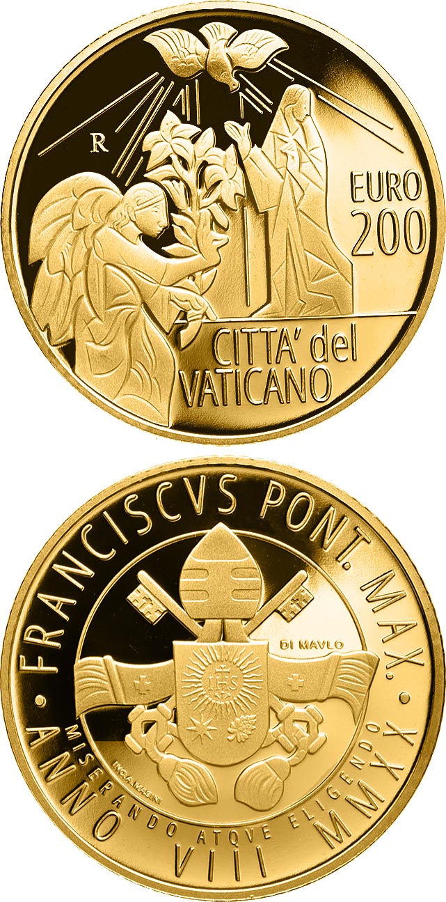 Image of 200 euro coin - The Archangels: Gabriel | Vatican City 2020.  The Gold coin is of Proof quality.