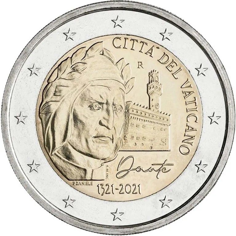 Image of 2 euro coin - 700th Anniversary of the Detah of Dante Alighieri | Vatican City 2021