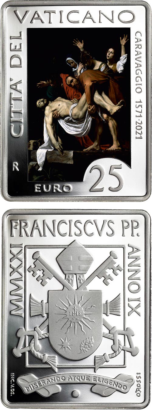 Image of 25 euro coin - 450th Anniversary of the Birth of Caravaggio | Vatican City 2021.  The Silver coin is of Proof quality.