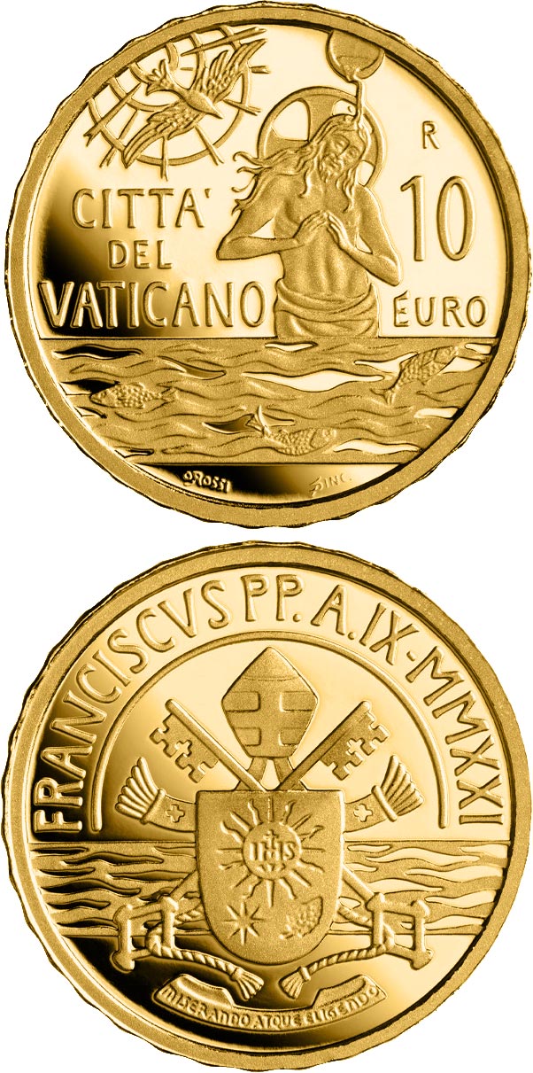 Image of 10 euro coin - Baptism - Year MMXXI | Vatican City 2021.  The Gold coin is of Proof quality.