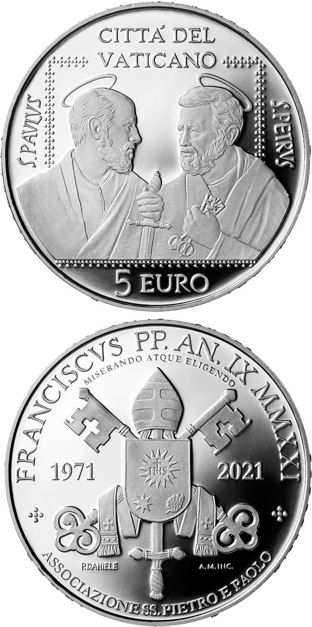 Image of 5 euro coin - 50th Anniversary of the Association of St. Peter and St. Paul | Vatican City 2021.  The Silver coin is of Proof quality.