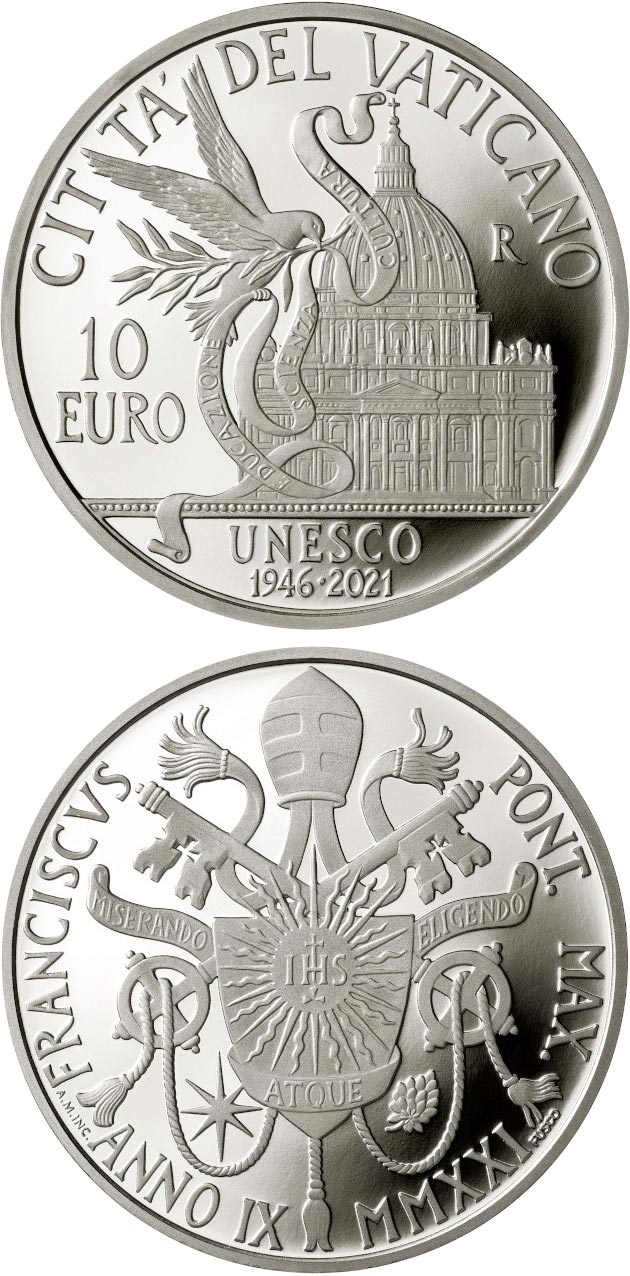 Image of 10 euro coin - 75th Anniversary of UNESCO | Vatican City 2021.  The Silver coin is of Proof quality.