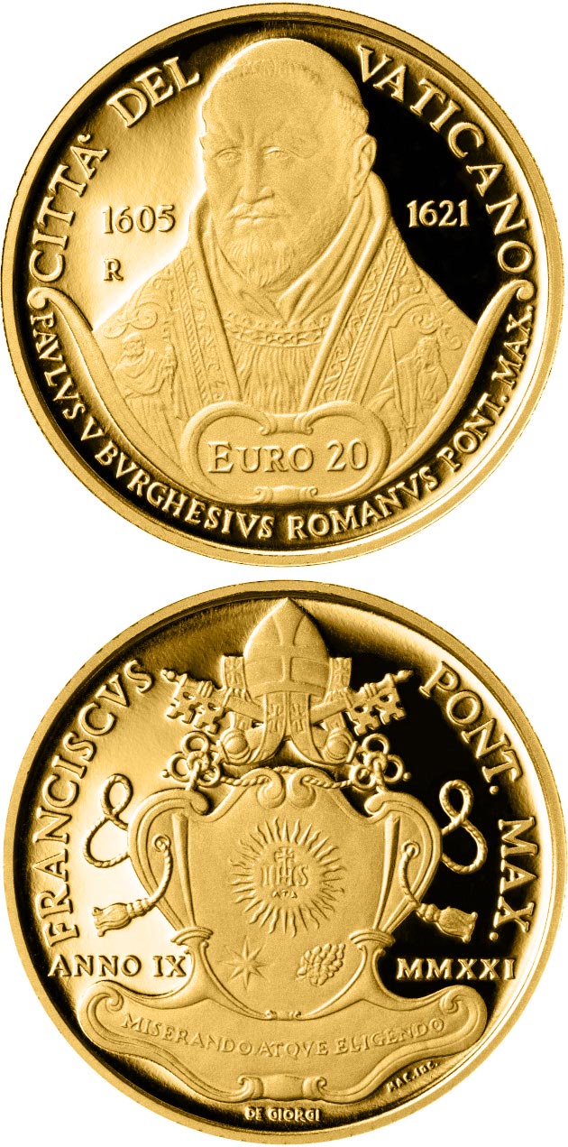 Image of 20 euro coin - Fourth centenary of the death of Pope Paul V | Vatican City 2021.  The Gold coin is of Proof quality.
