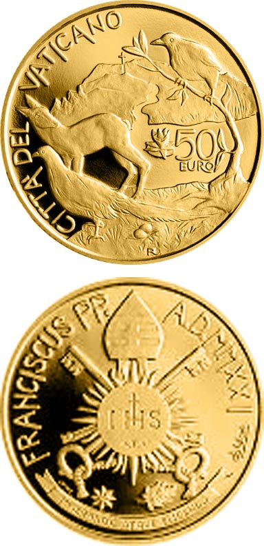 Image of 50 euro coin - Pope Francis Year MMXXI | Vatican City 2021.  The Gold coin is of Proof quality.