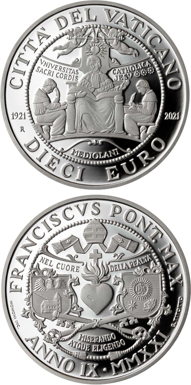 Image of 10 euro coin - Centenary of the Foundation of the Catholic University of the Sacred Hearth | Vatican City 2021.  The Silver coin is of Proof quality.