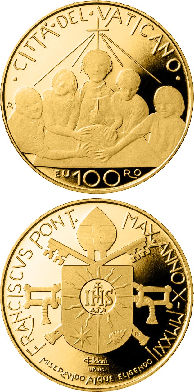Image of 100 euro coin - Declarations of the Second Vatican Council - Gravissimum Educationis | Vatican City 2022.  The Gold coin is of Proof quality.