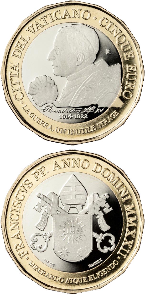 Image of 5 euro coin - Centenary of the death of Pope Benedetto XV | Vatican City 2022.  The Bimetal: CuNi, nordic gold coin is of BU quality.