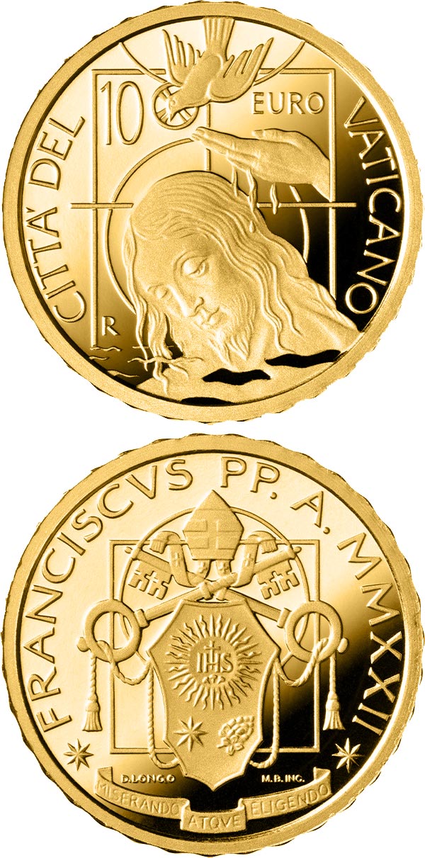 Image of 10 euro coin - Sacrament of Baptism | Vatican City 2022.  The Gold coin is of Proof quality.