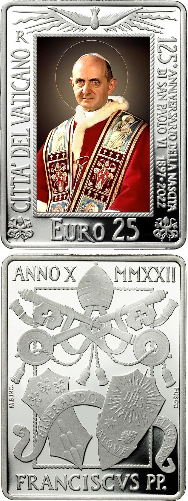 Image of 25 euro coin - 125th Anniversary of the birth of Pope Paul VI | Vatican City 2022.  The Silver coin is of Proof quality.