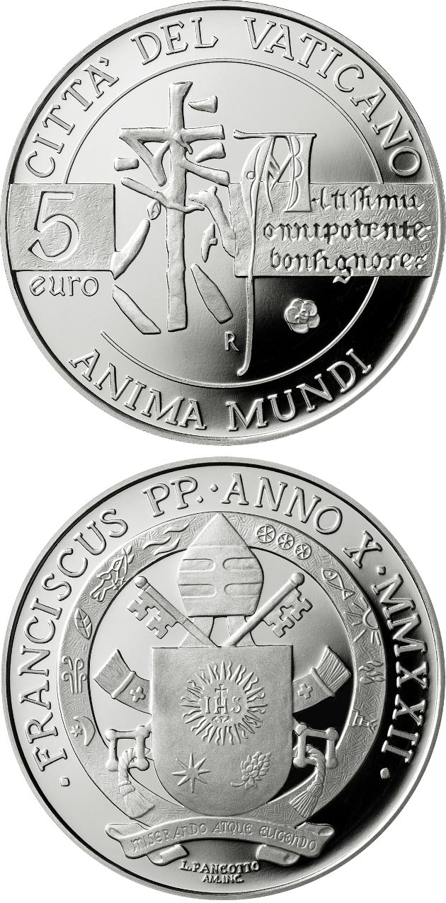 Image of 5 euro coin - Laudato Si | Vatican City 2022.  The Silver coin is of Proof quality.