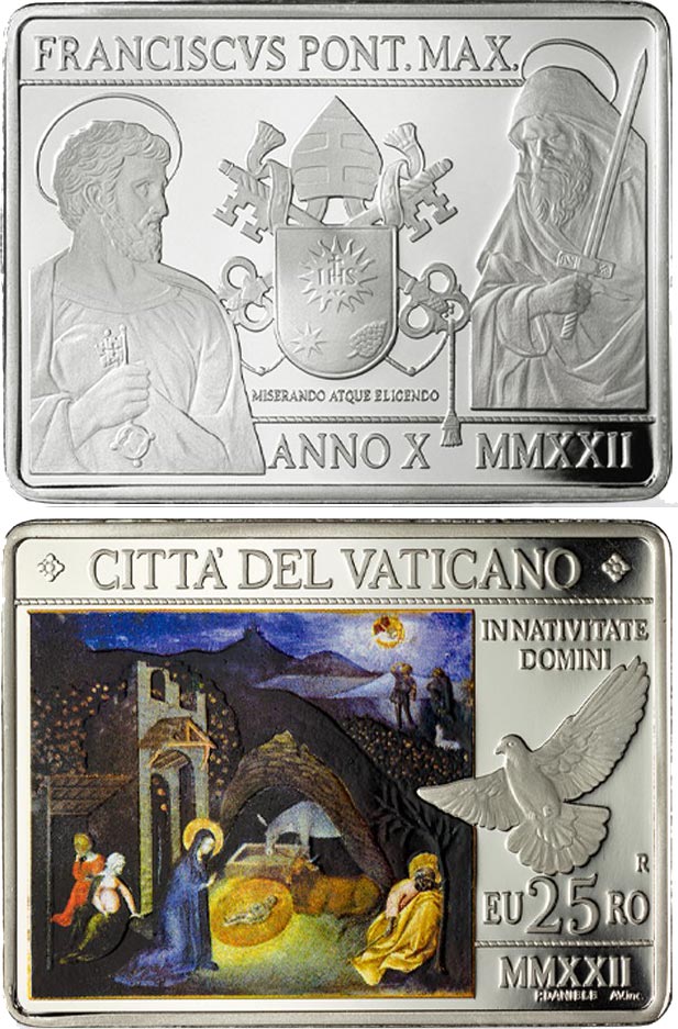 Image of 25 euro coin - Christmas 2022 | Vatican City 2022.  The Silver coin is of Proof quality.