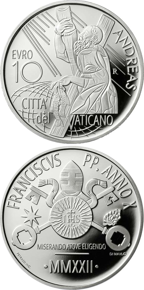 Image of 10 euro coin - The Twelve Apostles: Saint Andrew | Vatican City 2022.  The Silver coin is of Proof quality.