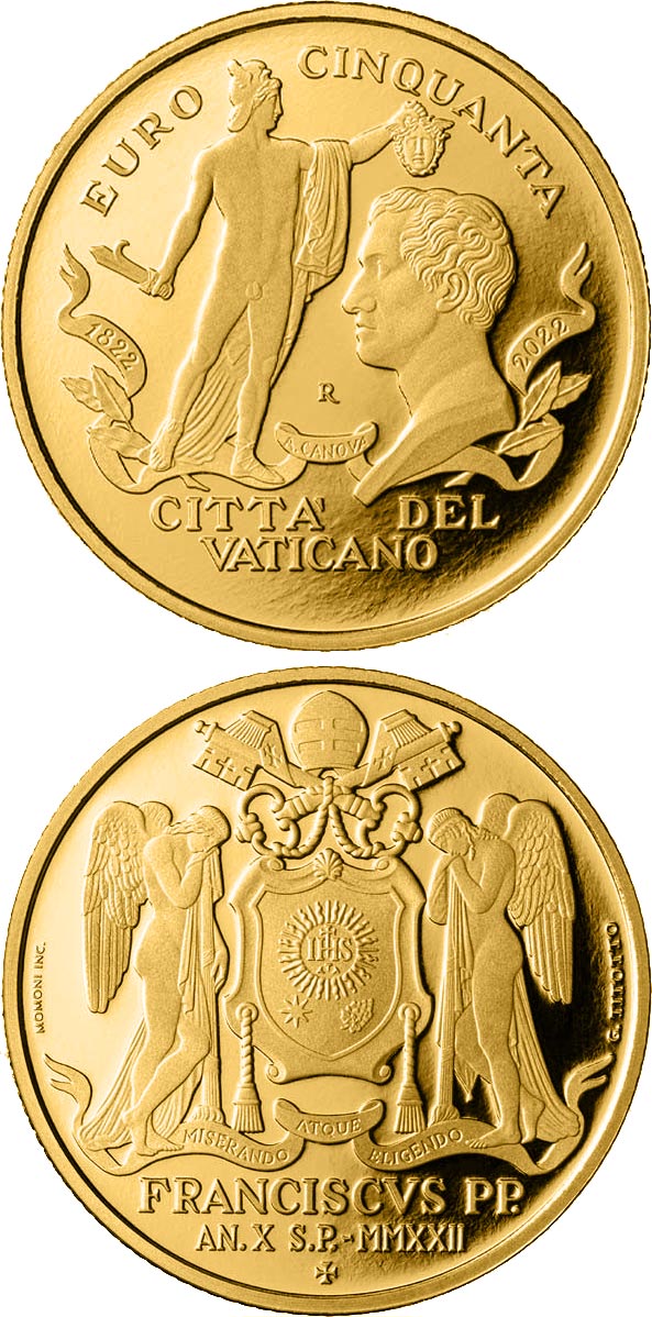 Image of 50 euro coin - 200th Anniversary of the death of Antonio Canova | Vatican City 2022.  The Gold coin is of Proof quality.
