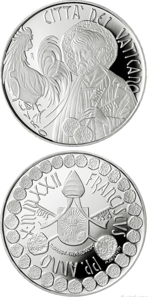 Image of 5 euro coin - Saint Peter | Vatican City 2022.  The Silver coin is of Proof quality.