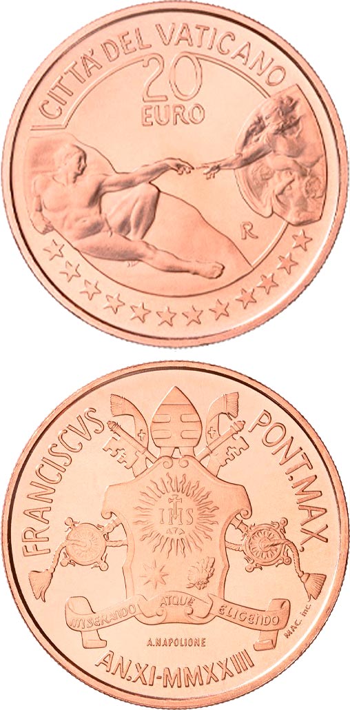 Image of 20 euro coin - The Creation of Man | Vatican City 2023.  The Copper coin is of Proof, BU quality.