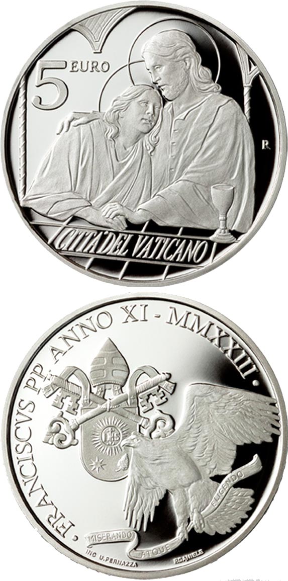 Image of 5 euro coin - The Twelve Apostles: St. John | Vatican City 2023.  The Silver coin is of Proof quality.