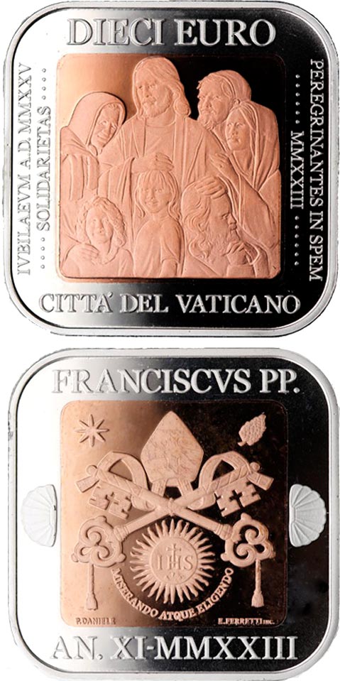 Image of 5 euro coin - Holy Year 2025 - Pilgrims of Hope - Solidarity | Vatican City 2023.  The Silver coin is of Proof quality.