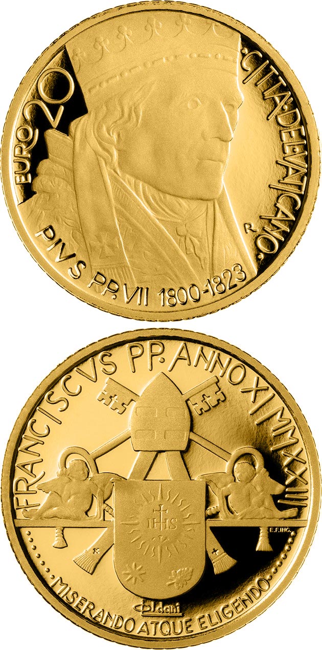 Image of 20 euro coin - 200th Anniversar of the death of Pope Pio VII | Vatican City 2023.  The Gold coin is of Proof quality.