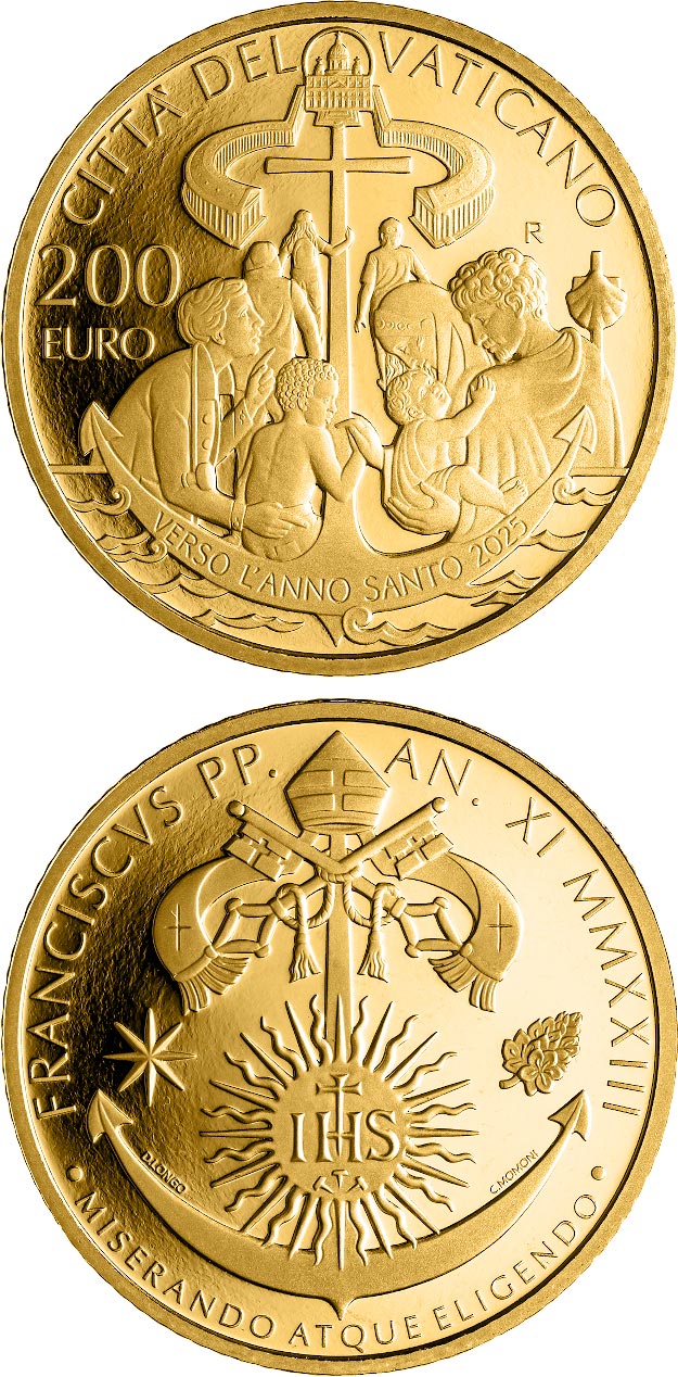 Image of 200 euro coin - Towards the Holy Year of 2025 | Vatican City 2023.  The Gold coin is of Proof quality.