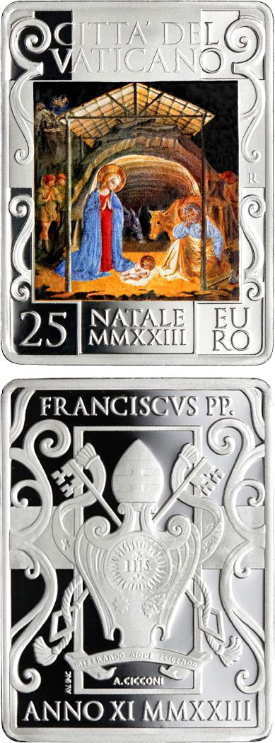 Image of 25 euro coin - Holy Christmas | Vatican City 2023.  The Silver coin is of Proof quality.