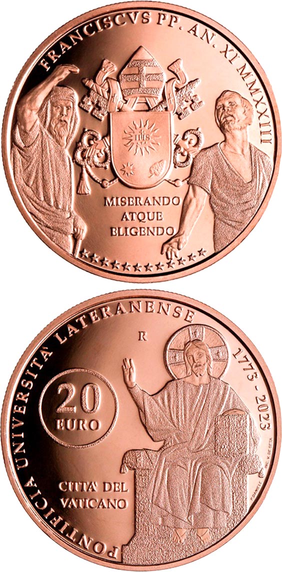 Image of 20 euro coin - 250th anniversary of the foundation of the Pontifical Lateran University | Vatican City 2023.  The Copper coin is of Proof, BU quality.