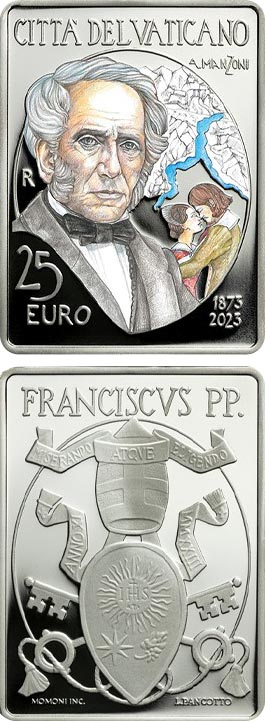 Image of 25 euro coin - 150th anniversary of the death of Alessandro Manzoni | Vatican City 2023.  The Silver coin is of Proof quality.