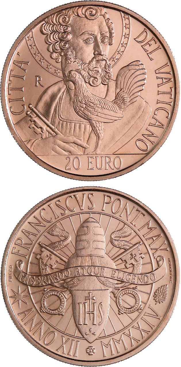 Image of 20 euro coin - Saint Peter and the Rooster | Vatican City 2024.  The Copper coin is of Proof, BU quality.