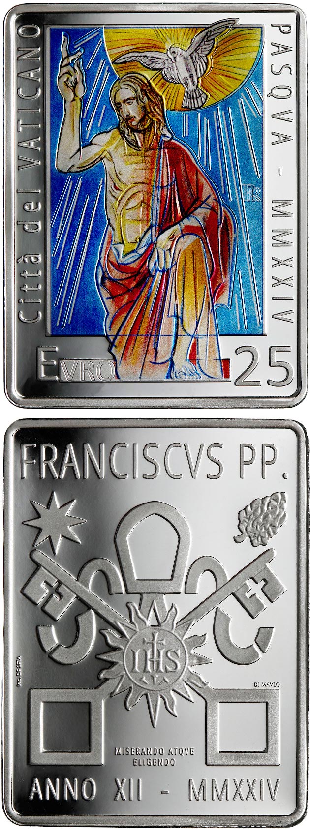 Image of 25 euro coin - Easter of Resurrection | Vatican City 2024.  The Silver coin is of Proof quality.