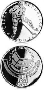 Image of 200 koruna coin - 100th anniversary of foundation of the Czech Ice Hockey Association | Czech Republic 2008.  The Silver coin is of Proof, BU quality.