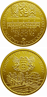 Image of 2500 koruna coin - Water Mill at Slup | Czech Republic 2007.  The Gold coin is of Proof, BU quality.