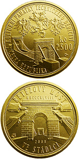 Image of 2500 koruna coin - Suspension Bridge at Stádlec | Czech Republic 2008.  The Gold coin is of Proof, BU quality.