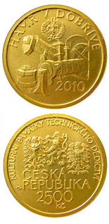 Image of 2500 koruna coin - Hammer Mill at Dobřív | Czech Republic 2010.  The Gold coin is of Proof, BU quality.