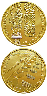 Image of 5000 koruna coin - Gothic bridge in Písek | Czech Republic 2011.  The Gold coin is of Proof, BU quality.