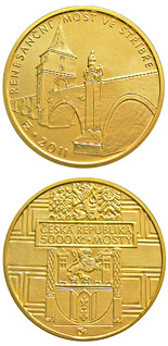 Image of 5000 koruna coin - Renaissance bridge in Stříbro | Czech Republic 2011.  The Gold coin is of Proof, BU quality.