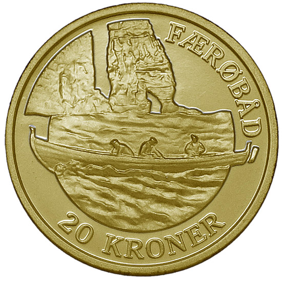 Image of 20 krone coin - The Faroese boat | Denmark 2009.  The Nordic gold (CuZnAl) coin is of Proof, BU, UNC quality.