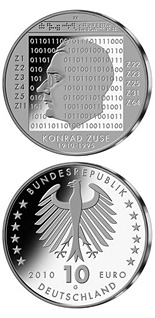 Image of 10 euro coin - 100.Geburtstag Konrad Zuse | Germany 2010.  The Silver coin is of Proof, BU quality.