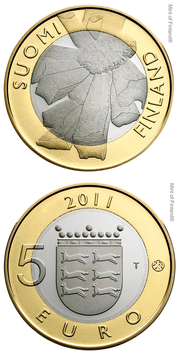 Image of 5 euro coin - Ostrobothnian provincial coin | Finland 2011.  The Bimetal: CuNi, nordic gold coin is of Proof, BU quality.