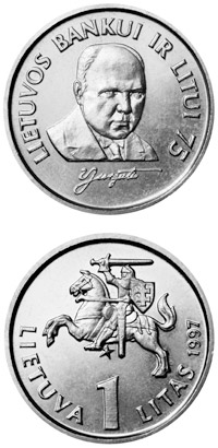 Image of 1 litas coin - 75th Anniversary of the Bank of Lithuania and the litas | Lithuania 1997.  The Copper–Nickel (CuNi) coin is of UNC quality.